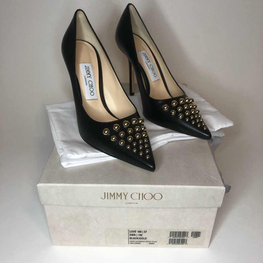 Jimmy Choo Love 100 Black Nappa Leather Heels W/Gold Degrade Round Studs Size 37